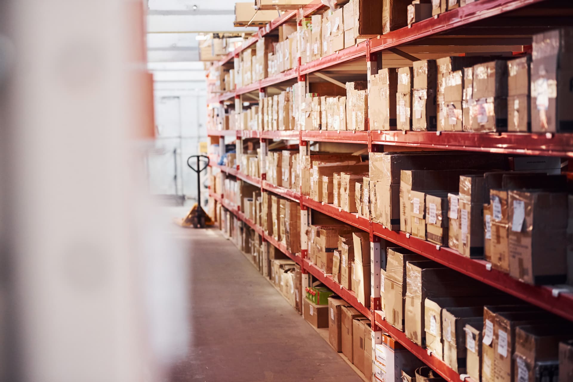Warehouse racking filled with cargo boxes